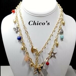 Chico's Gold Tone Charm Necklace, Bee Heart Star Beads, 39 Inches, New With Tags
